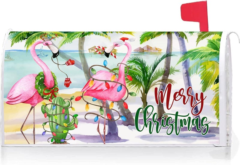 Texupday Merry Christmas Hawaii Beach Flamingo Decoration Mailbox Cover with Magnetic Strip Winter Holiday Mailbox Wraps Post Letter Box Cover Standard Size 21" X 18" for Garden Outdoor Yard Decor - Image 1